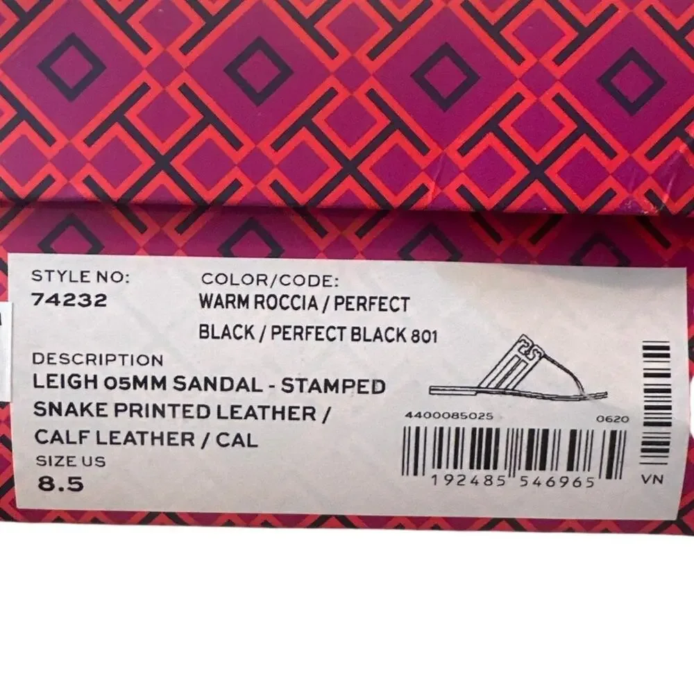 Tory Burch Leigh Thong Sandals 8.5 Roccia Snakeskin Black Logo